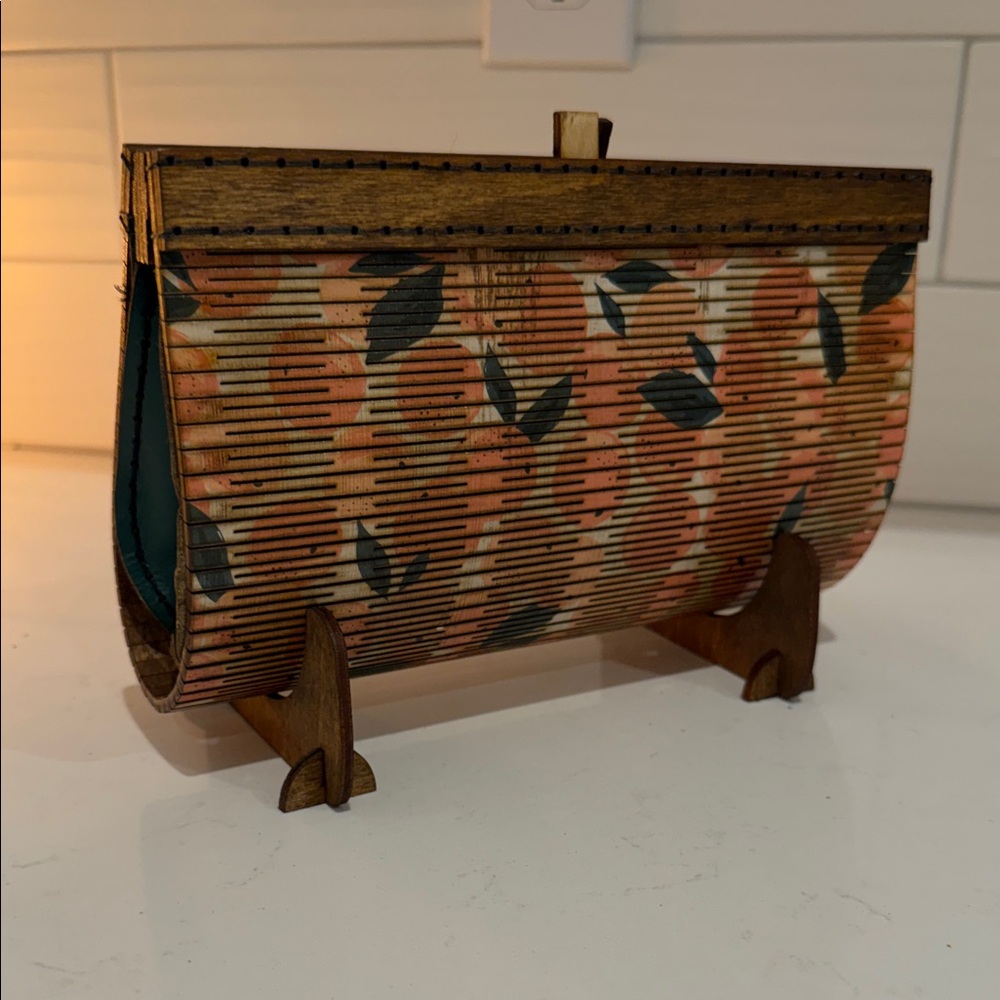 Artisan Made Wooden and Leather Clutch Bag with Citrus Print